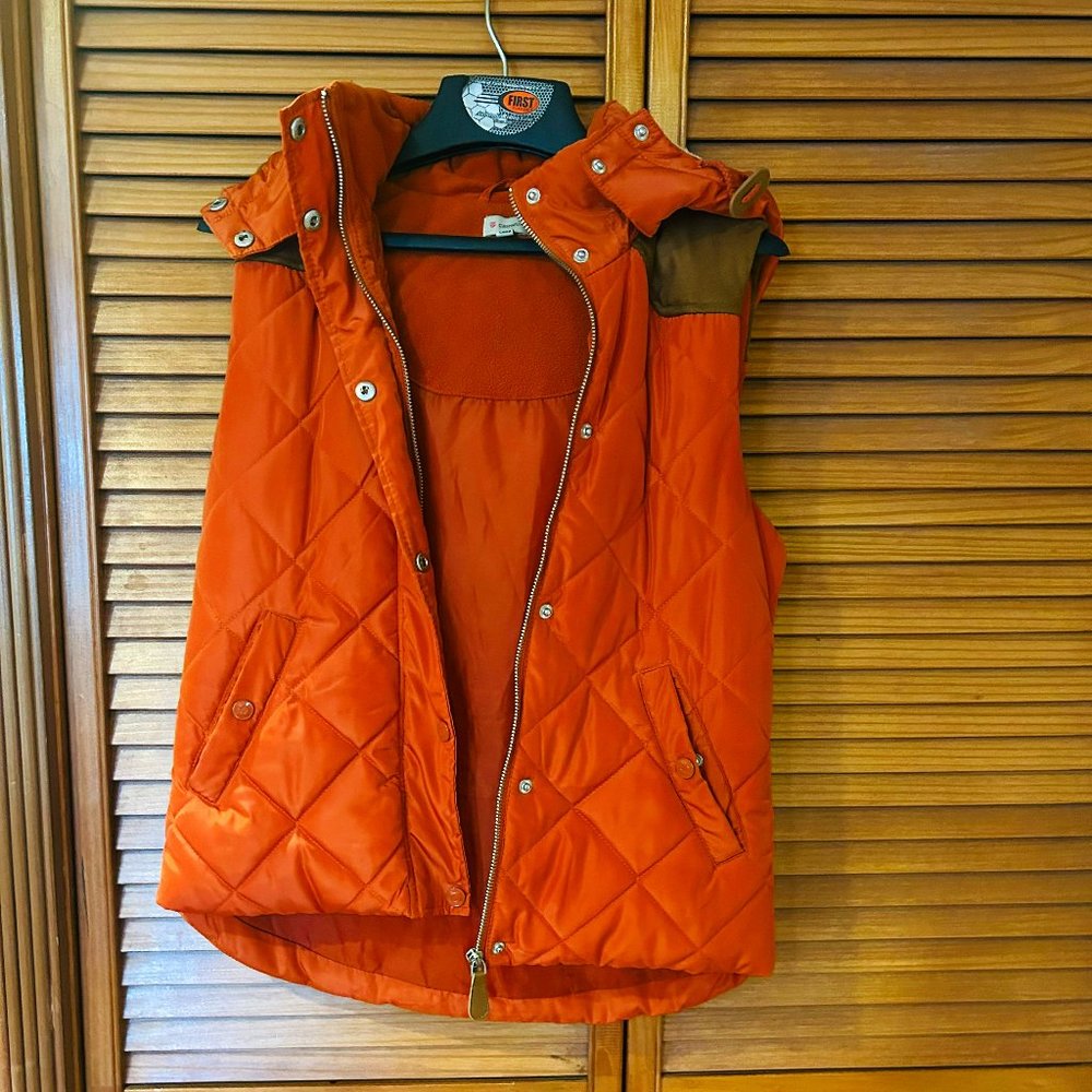 Orange Quilted Puffer Vest with Sherpa Removeable Hood  - Cremieux